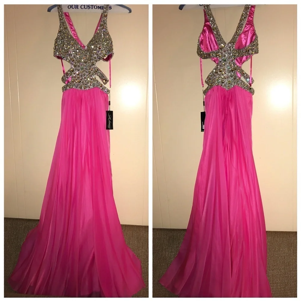 La Femme Bold Pink Gemstone Embellished Sleeveless Gown Dress